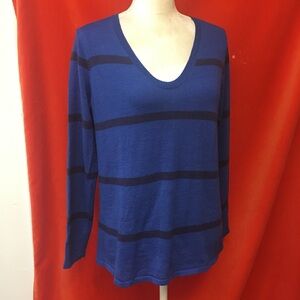 Eileen Fisher merino wool v neck sweater blue black stripe size s